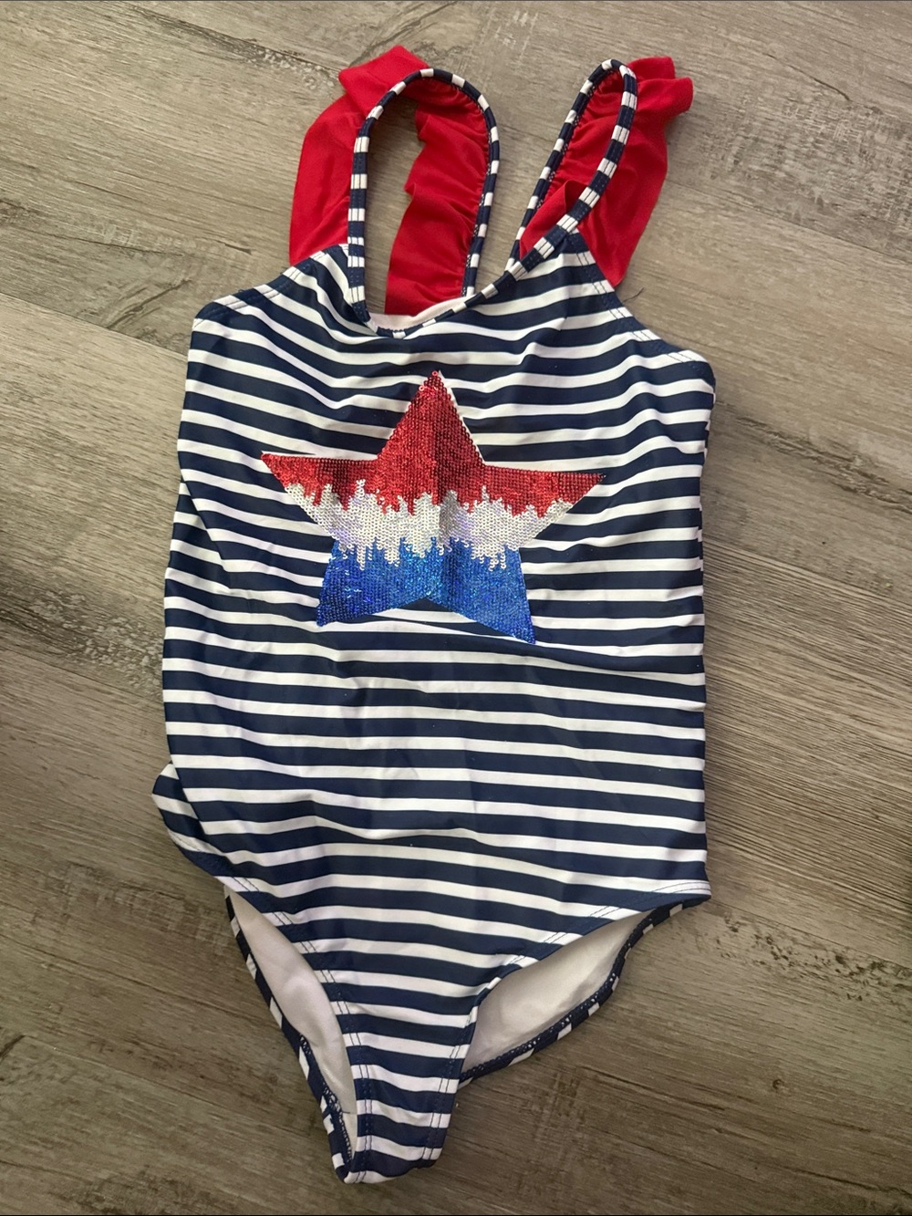 Girls Navy & White Stripe One-Piece Swimsuit with Red Sequin Star